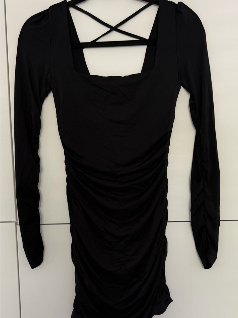 Amazon Black Long Sleeve Ruched Bodycon Dress with Crisscross Back